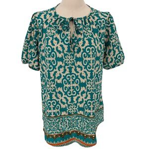 LOMON Blouse Teal Cream Damask Scroll Print Keyhole Tie Size M